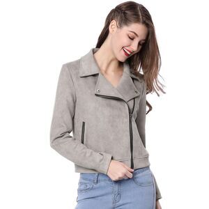 Women's Short Soft Zip Up Faux Suede Biker Moto Jacket Gray